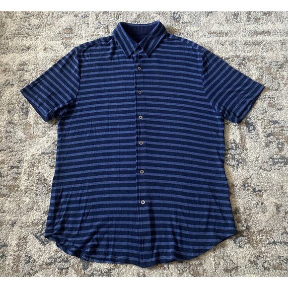 Mr Turk Short Sleeve Button Up Shirt Jersey Striped Men's Sz Medium Blue - Picture 1 of 11
